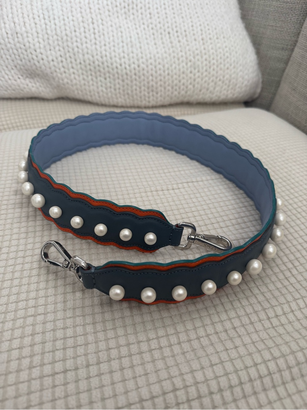 Fendi Roma Pearl Studded Scalloped Leather Bag Shoulder Strap in Blue